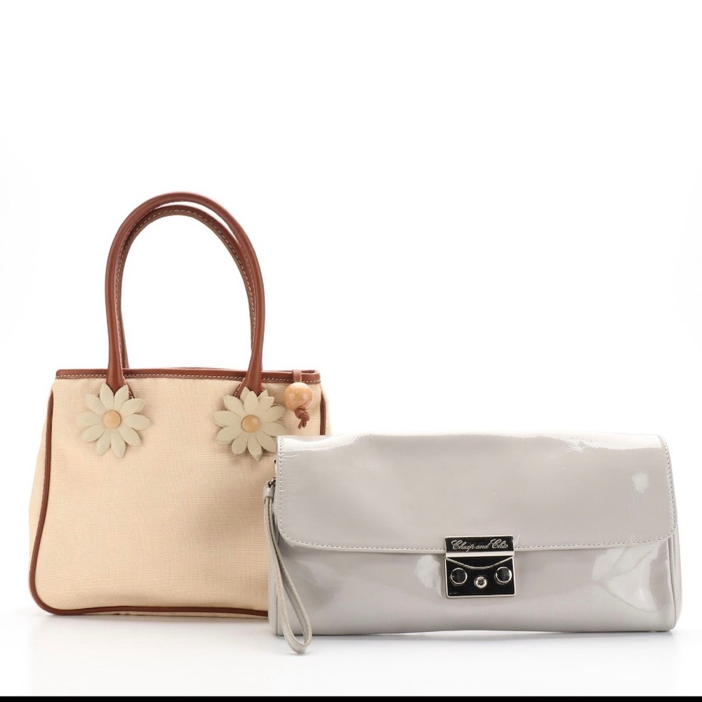 Moschino Brands Small Tote and Wristlet
Clutch in Patent Leather and Canvas